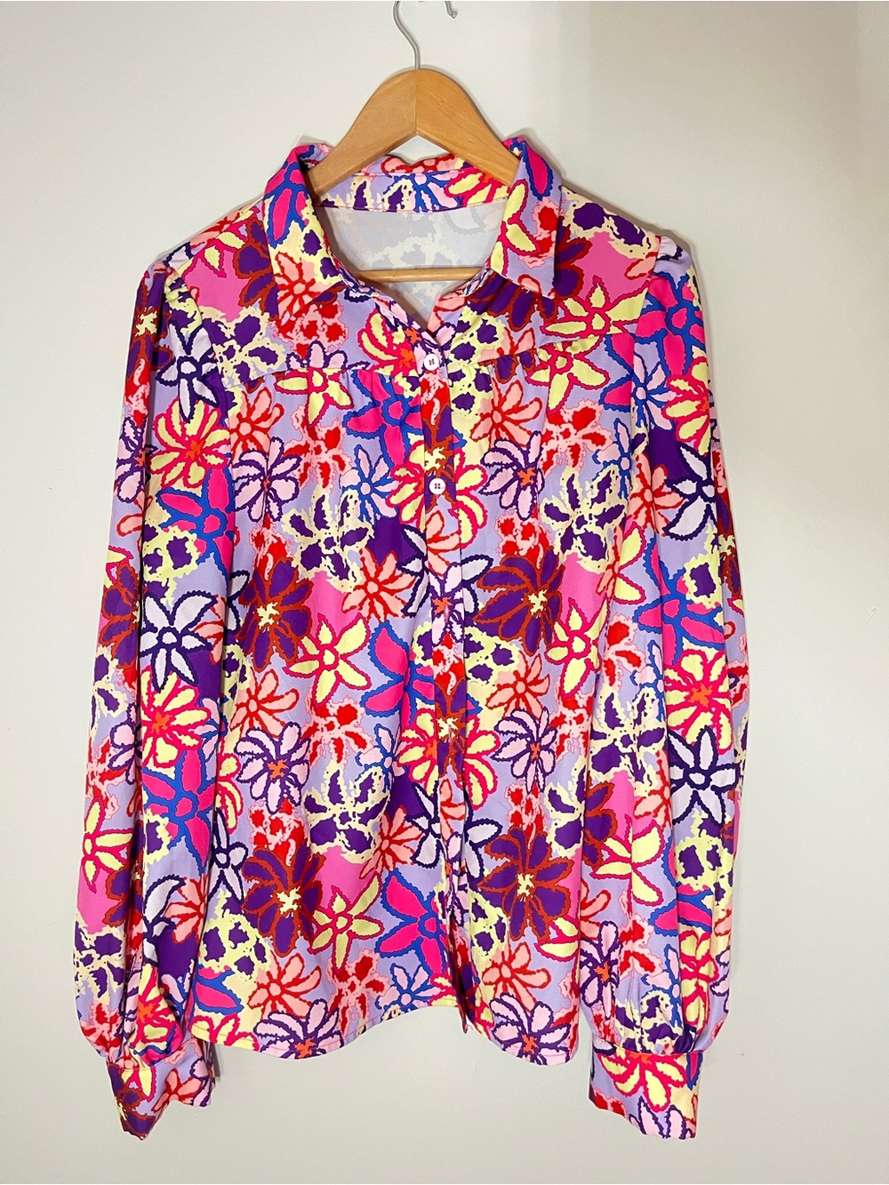 Floral Button-Up Blouse in Pink, Purple, Blue, Red